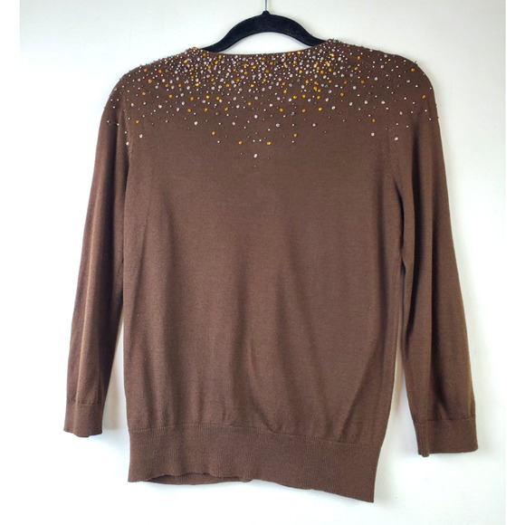 Club Monaco Womens Small Cardigan Sweater Beaded Neckline Silk Lightweight Brown - Picture 4 of 10
